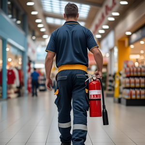 Fire safety service technician holding a fire extinguisher while conducting 6 monthly fire extinguisher service in a busy shopping center.
